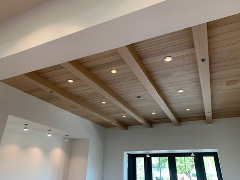 White Lake House Interiors, Wood Beam And Plank Ceiling, Shiplap Ceiling Vaulted With Beams, Tray Ceiling Treatments, Wooden Plank Ceiling, White Oak Ceiling Planks, Planked Ceiling With Beams, Cedar Beams Ceiling, Ceiling Planks Ideas