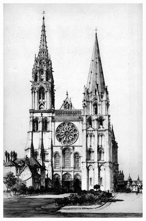 Samuel Chamberlain (1895-1975-American) - Chartres Cathedral - 1931 Cathedral Drawing, New England Art, Chartres Cathedral, England Art, Medieval Gothic, York Minster, Cathedral Architecture, Architectural Design House Plans, Vintage Newspaper