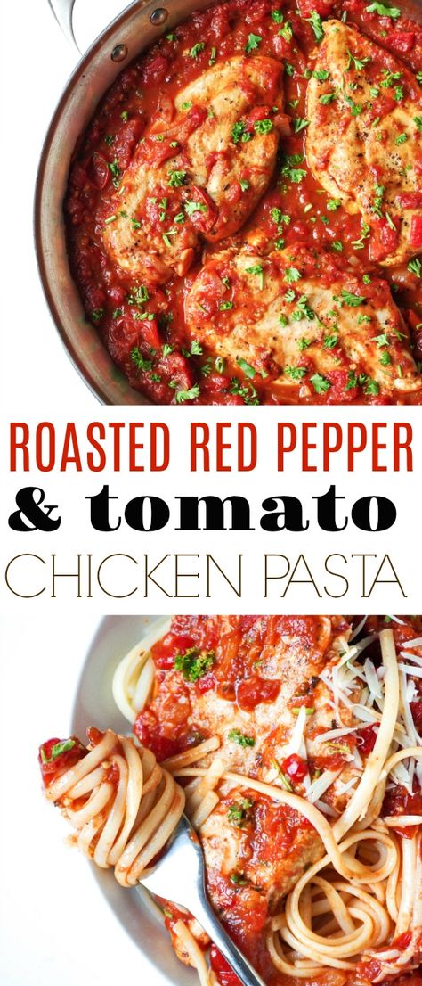 Roasted Red Pepper Tomato Pasta with Chicken via @theforkedspoon #chicken #chickenpasta #pastarecipe #easyrecipe #homemade #sauce #roastedredpepper #chickendinner #healthy | For this recipe and more visit, https://theforkedspoon.com/ via @theforkedspoon Chicken Pasta Red Sauce, Red Pepper Tomato Pasta, Tomato Pasta With Chicken, Chicken Tomato Pasta, Red Sauce Pasta Recipe, Roasted Red Pepper Pasta, Pasta With Chicken, Red Pepper Pasta, Tomato Chicken