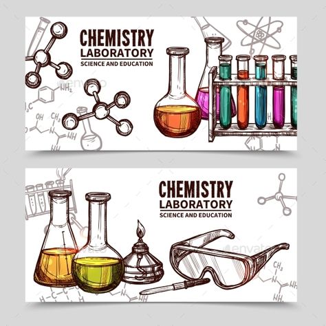 Two hand drawn style banners with titles of chemistry laboratory equipments and elements isolated vector illustration Chemistry Drawing, Chemistry Posters, Chemistry Laboratory, Chemistry Projects, Chemistry Art, Chemical Science, Lab Week, Chemistry Labs, Laboratory Equipment