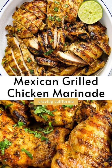 A white bowl filled with sliced grilled chicken. Fajita Chicken Marinade, Craving California, Mexican Chicken Marinade, Chicken For Tacos, Chipotle In Adobo, Mexican Grilled Chicken, Mexican Style Chicken, Grilled Chicken Marinade, Chicken Marinade