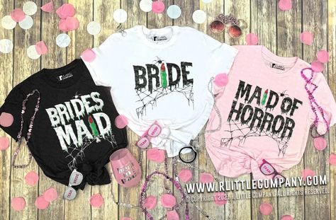 Spooky Bridal Party, Halloween Bachelorette Party Shirts, Spooky Bachelorette Party Ideas, Halloween Bachelorette Party Ideas, Goth Bachelorette Party Ideas, Halloween Themed Bachelorette Party, Spooky Bachelorette Party, Bachelorette Halloween, Halloween Bridal Party