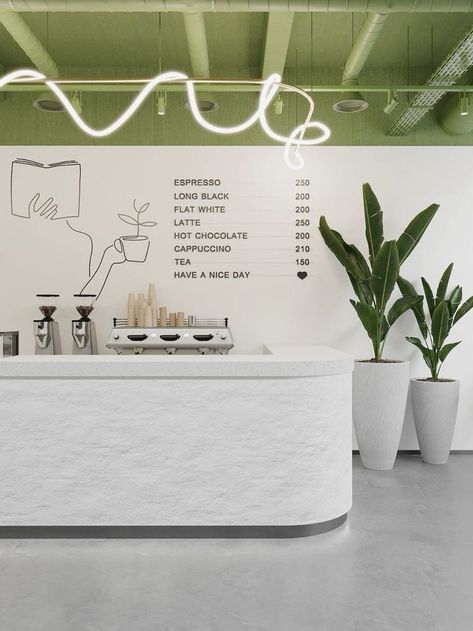 Healthy Cafe Interior, Tea Store Design, Matcha Cafe, Green Cafe, Small Coffee Shop, Bakery Design Interior, White Cafe, Coffee Shop Interior Design, Cafe Shop Design