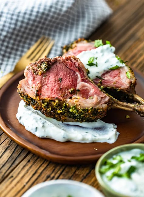 Herb Crusted Rack Of Lamb, Lamb Rack Recipe, Mint Yogurt Sauce, Roast Rack Of Lamb, Crusted Rack Of Lamb, Lamb Dinner, Lamb Chop Recipes, Mint Yogurt, Lamb Dishes