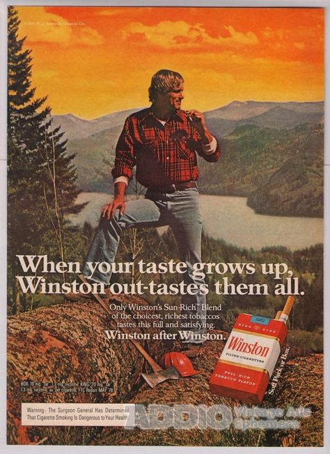 Winston Cigarettes '70s Lumberjack Smoking Man Vtg Advertisement Print Ad 1979 #Winston #lumberjack #smoking Old Advertisements, Best Ads, Print Advertising, Print Ad, Lumberjack, The Villain, Print Ads, Vintage Ads, Vintage Advertisements