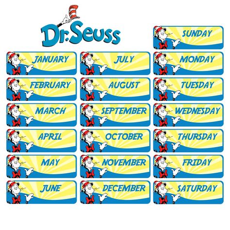 Printable Dr. Seuss Calendar Pieces Dr Seuss Circle Time Preschool, Dr Suess Classroom Theme, Dr Seuss Classroom Theme Decor, Dr Suess Oh The Places Youll Go Free Printables, Dr Seuss Printables Free, Dr Seuss Borders And Frames, September Projects, Doctor Suess, Dr. Seuss Font