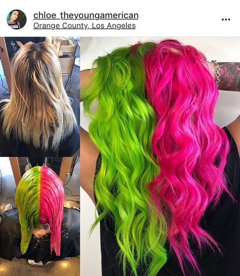 Green Goth, Pink Horror, Weird Haircuts, Split Dye, I Like Your Hair, Split Dyed Hair, Fire Hair, Rave Hair, Rainbow Hair Color