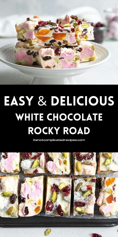 It takes just minutes to make my easy White Chocolate Rocky Road. This simple no-bake slice is popular with adults and children alike. It is ideal for an afternoon sweet treat, enjoyed with a cup of tea or coffee, dessert or a fun edible gift. Filled with dried fruit, marshmallows and coconut, this delicious Rocky Road will be a favourite! Easy Rocky Road Recipe, White Chocolate Rocky Road, Sour Cream Chocolate Cake, No Bake Slices, Rocky Road Recipe, Raspberry Brownies, Cranberry Pistachio, Glace Cherries, Coffee Dessert