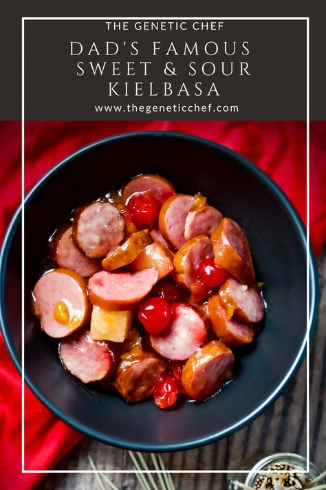 Dad’s Famous Sweet and Sour Kielbasa will be the hit at any gathering. With just 4 ingredients, this is one of the simplest appetizers to make and also the most requested for every party. #kielbasa #appetizers #sweetsourkielbasa #partyfood #appetizers | @thegeneticchef Hawaiian Kielbasa, Sweet And Sour Kielbasa, Luau Food, Crockpot Appetizers, Kielbasa Recipes, Grilled Sandwich, Kielbasa, Picnic Foods, Sweet And Sour