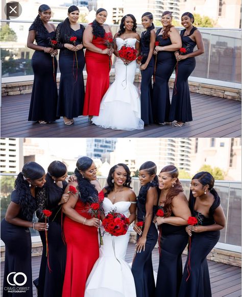 Black And Red Wedding Bridesmaids, Black And Red Wedding Party, Akatsuki Wedding, Red Groomsmen Attire, Red Black Wedding Theme, Black Bridesmaid Dresses With Groomsmen, Black And Red Bridesmaid Dresses, Red And Black Bridesmaid Dresses, Black White And Red Wedding