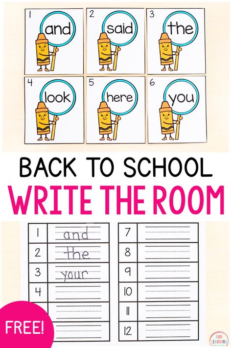 Free editable back to school theme write the room activity for sight words, CVC words, spelling words and more! Perfect for kindergarten, first grade and second grade literacy centers. Write The Room Sight Words, Spelling Word Centers First Grade, Rhyming Words Activities First Grade, Kindergarten Write The Room Free, First Grade Spelling Activities, First Grade Centers Free, Write The Room First Grade, Write The Room Kindergarten Freebie, Writing Center First Grade