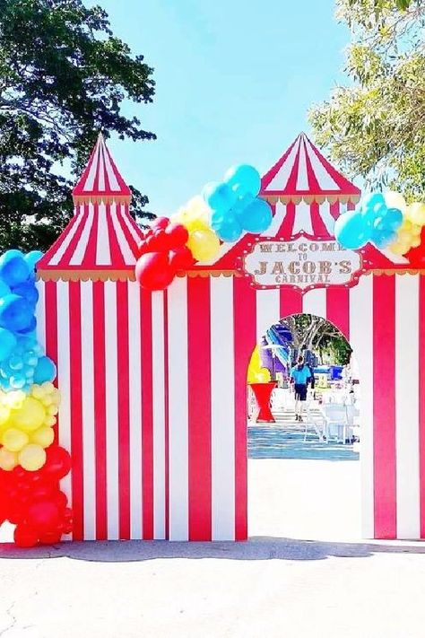 Carnival Theme Party Backdrop, Carnival Backdrop, Carnival Photo Backdrop, Carnival Birthday Party Entrance, Diy Circus Tent Backdrop, Circus Tent With Table Cloth, Carnival Party Foods, Carnival Party Favors, Carnival Birthday Theme