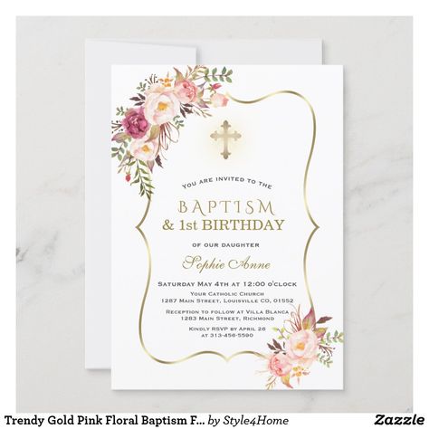 Trendy Gold Pink Floral Baptism First Birthday Invitation Floral 1st Birthday, Floral First Birthday, Gold First Birthday, Floral Cards Design, Baptism Girl, Baptism Invitations, Watercolor Invitations, First Birthday Invitations, Elegant Invitations