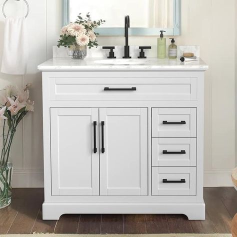 LUE BONA 36/48/60 in. Bathroom Vanity in Wood with Ceramic Undermount Sink, Vanity with soft close Drawers - On Sale - Bed Bath & Beyond - 40162620 White Bathroom With Oak Floor, 60 In Bathroom Vanity, Wooden Washbasin, 36 Inch Vanity, 36 Inch Bathroom Vanity, Full Bathroom Remodel, 36 Bathroom Vanity, Ceramic Undermount Sink, Bedroom Makeup Vanity