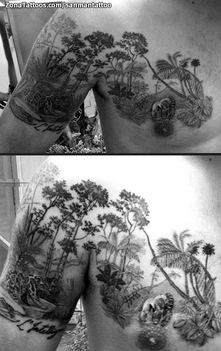 Tattoo made by SanManTattoo > https://www.zonatattoos.com/sanmantattoo Ecosystem Tattoo, Jungle Background Tattoo, Rainforest Tattoo Sleeve, Rain Forest Tattoo, Jungle Tattoo Design, Jungle Tattoo Sleeve, Jungle Tattoo Ideas, Jungle Tattoos, Rainforest Tattoo