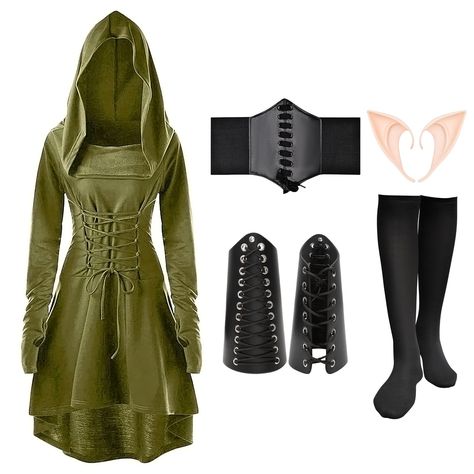 PRICES MAY VARY. 🖤ATENTO 5 PCS Womens Renaissance Costumes Set: you will receive 1 black hooded robe costume, 1 pair of elf ears, 1 elastic black belt, 1 pair of leather gauntlet wristbands, and 1 pair of stockings, enough for your dress and halloween cosplay party needs. 🖤Material: This Renaissance Dress Featuring is made of Polyester, Spandex. High Low Hem, Draped Collar, Lace Up Front and Back, Oversized Hoodie, and Long Sleeves with Thumb Hole; this pair of renaissance arm armor is mainly