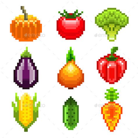 Pixel Vegetables for Games Icons Set Pixel Art Food, Grape Tree, Grocery Basket, Style Chart, Yarn Storage, Pixel Design, Needlepoint Tapestry, Happy Design, Game Icon