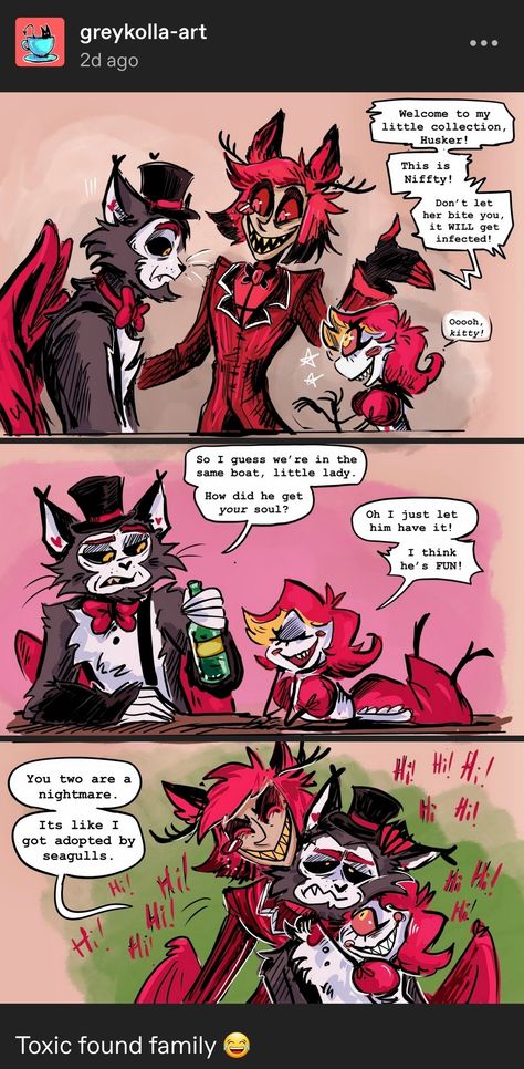 wonderful. Hazbin Hotel Huskerdust, Found Family, Hotel Trivago, H Hotel, Alastor Hazbin Hotel, Cat Character, Vivziepop Hazbin Hotel, Cartoon Memes, Real Funny Jokes