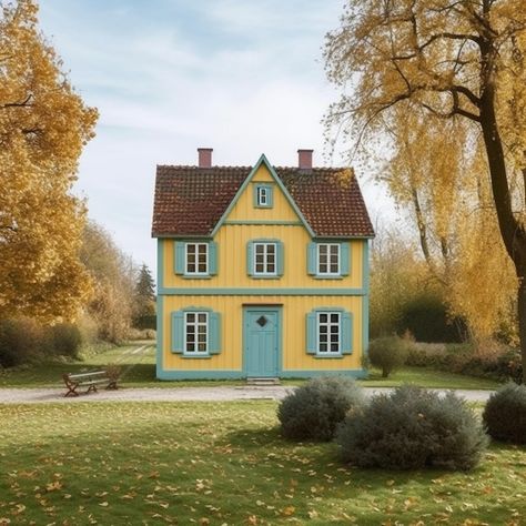 Yellow And Blue House Exterior, Yellow And Blue House, Blue House Exterior, Colonial Cottage, Yellow Cottage, Modern Colonial, Yellow House, Yellow Houses, Blue Door