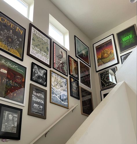 Concert Poster Wall Display, Band Poster Gallery Wall, Movie Poster Gallery Wall, Concert Poster Gallery Wall, Concert Poster Wall, Gallery Wall Stairs, House Facelift, Concert Design, Poster Gallery Wall