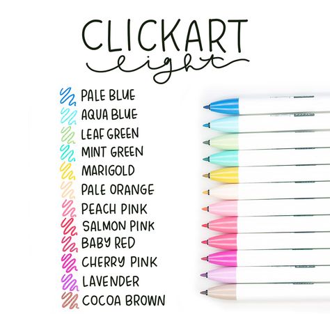 Buy the Zebra ClickArt Light Colors Retractable Marker Pen Set at Michaels. com. The Zebra ClickArt features a capless design and new ink technology that absorbs the moisture in the air, which keeps the ink from drying out. The Zebra ClickArt features a capless design and new ink technology that absorbs the moisture in the air, which keeps the ink from drying out. Use this pen for journaling, color coding, drawing, and everyday writing. With a satisfying click and the relief of not having to wor Zebra Clickart Pen, Zebra Markers, Clickart Pens, Coding Drawing, Pen Swatches, Zebra Clickart, Ink Swatches, Aesthetic Stationary, Colour Themes