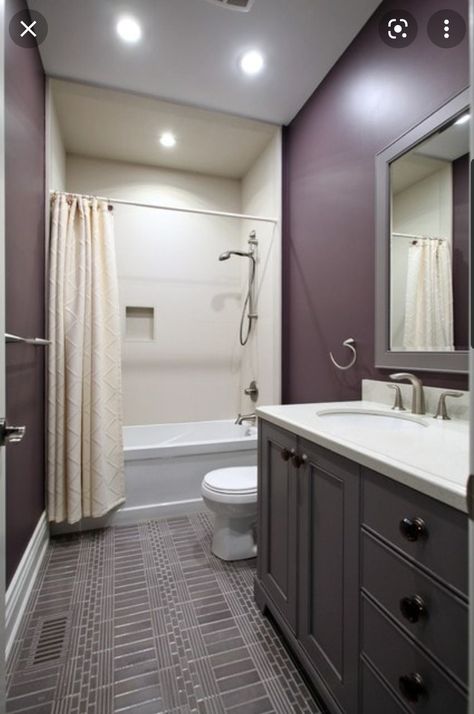 Purple And Grey Bathroom, Plum Bathroom Ideas, Slate Bathroom Tile, Plum Bathroom, Bathroom Remodel Small Budget, White Subway Tile Bathroom, Grey Floating Shelves, Grey Subway Tiles, Subway Tiles Bathroom