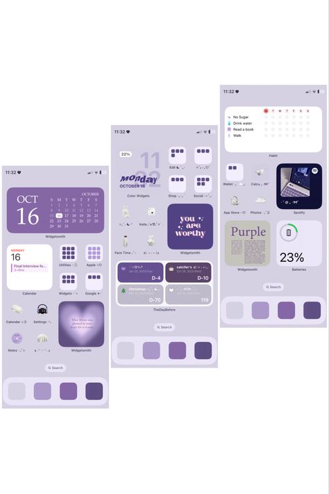 Purple aesthetic iphone homescreen theme layout idea Iphone Home Screen Purple, Purple Aesthetic Lockscreen, Homescreen Y2k, Homescreen Theme, Widget Homescreen, Violet Heart, Phone Apps Iphone, Aesthetic Lockscreen, App Background