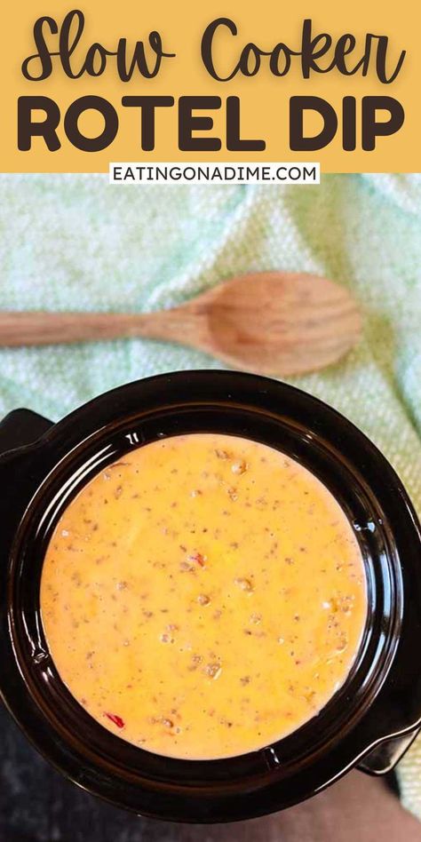 Crock Pot Rotel Dip Recipe is our go to appetizer for parties, game day and more! This dip is so tasty and amazing for an instant crowd pleaser. This rotel dip is loaded with velveeta cheese and sausage for a family favorite cheese dip. Everything combines perfectly in the slow cooker. #eatingonadime #crockpotroteldip #gamedaydip #appetizer Hamburger Dip Velveeta Crock Pot, Velveeta Hamburger Dip Crockpot, Cheese Dip With Rotel Velveeta, Rotel Dip With Real Cheese, Velveeta And Rotel Dip Crockpot, Cheese Rotel Dip Crock Pot, Hamburger Rotel Cheese Dip Crockpot, Rotel Dip In Crock Pot, Crockpot Caso Dip Recipe