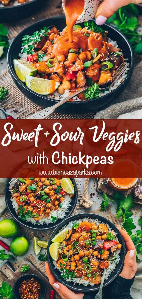 This Chinese chickpea vegetable stir-fry with sweet sour sauce and rice is a quick and easy 15-minute recipe that's healthy and delicious! #vegetables #stirfry #chinesefood #chickpeas #veggies #easyrecipes #sweetandsour #veganrecipes #vegetarian #recipes #food #vegan #rice #asianfood #foodrecipes #spicy #chili #healthyfood | biancazapatka.com Sweet And Sour Vegetables, Vegan Bean Recipes, Sweet And Sour Recipes, Sweet Sour Sauce, Vegan Stir Fry, Vegan Asian Recipes, Vegan Rice, Sour Foods, 15 Minute Meals