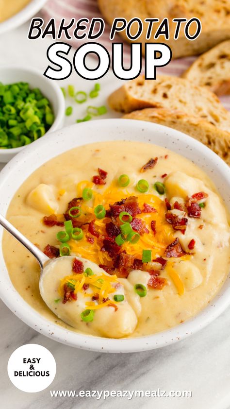 A thick and creamy version of a loaded baked potato.  Bacon, cheddar cheese, potatoes all in one loaded baked potato soup recipe, this easy to make, crave-worthy comfort food will become one of your most favorite soup recipes. Pressure Cooker Loaded Potato Soup, Thick Loaded Baked Potato Soup, Cheddar Potato Soup Recipe, Loaded Baked Potato Soup With Milk, Stovetop Loaded Potato Soup, Baked Potatoes Soup Recipe, Easy Cheddar Potato Soup, Cheese Potatoes Soup, Best Creamy Potato Soup