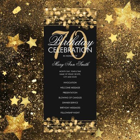 Elegant 70th Birthday Party Program Gold w/ Menu | Zazzle Birthday Party Program, 80th Birthday Party Ideas, Elegant Birthday Party, 70th Birthday Party, 70th Birthday Parties, 80th Birthday Party, Candle Dinner, Birthday Messages, 80th Birthday