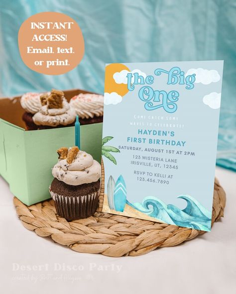 Enjoy 10% off with our code DESERTDISCO10 when you spend $35 or more ✨ CLICK TO VISIT OUR SHOP ON ETSY & PURCHASE FOR YOUR EVENT ✨5x7" Instant downloadable, self-editable invitation template. The Big One Surf Birthday, Chocolate Bar Labels, Thanksgiving Party Decor, Surf Birthday, The Big One, Food Tent, Thanksgiving Parties, Baby Shower Gender Reveal, Disco Party