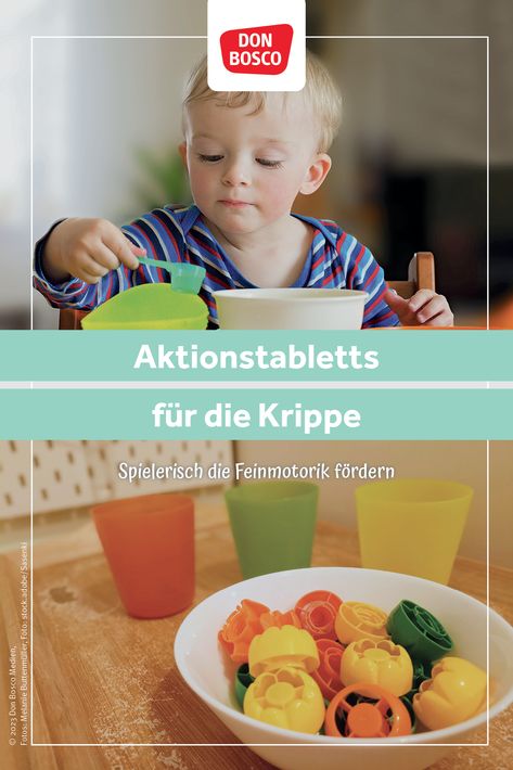 Ideen für Aktionstabletts mit U3 Kindern: Spielerisch die Feinmotorik fördern in Kita und Krippe 💪 Die kindliche Entwicklung begleiten: Material, Angebote und Infos zur entsprechenden Entwicklungsphase findet ihr auf unserem Blog.  Ideal auch für die Ergotherapie. Jetzt entdecken! Don Bosco, Kindergarten Crafts, Montessori, Activities For Kids, Kindergarten, Tablet