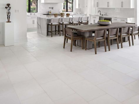 Peacock Pavers stone floor with faux marble waterfall countertop. Florida Townhouse, White Pavers, White Limestone Tiles, Peacock Pavers, White Kitchen Floor, Limestone Tiles, Kitchen Floors, Outdoor Paving, Rice White