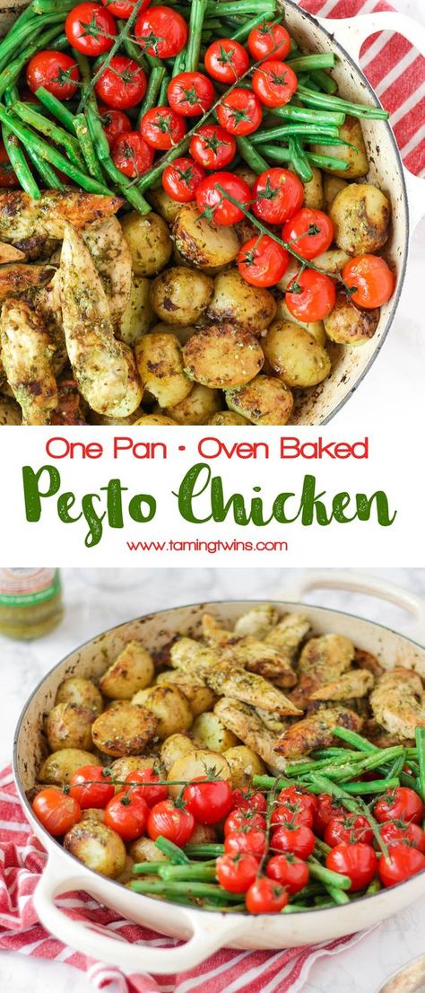 This pesto chicken bake is an easy, one pan, oven baked, family dinner. It's also dairy free and gluten free and packed with two portions of colourful vegetables. Pesto Chicken Bake, Colourful Vegetables, Baked Pesto Chicken, Cheap Healthy, Chicken Bake, One Pan Meals, Pesto Chicken, Baked Chicken Recipes, One Pan