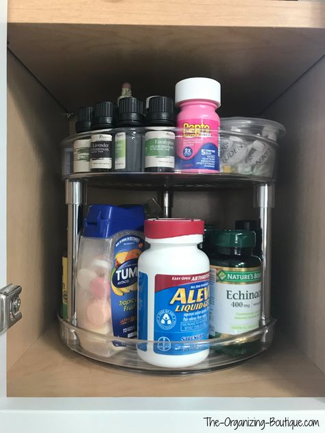 How To Organize Vitamins & Supplements - turntable in kitchen cabinet | The-Organizing-Boutique.com Countertop Vitamin Organization, How To Organize Vitamin Bottles, How To Store Vitamins On Counter, Organize Vitamins On Counter, Vitamin Storage On Counter, Supplement Organization Ideas, Supplement Storage Ideas, Vitamin Organization Ideas, Organizing Vitamins