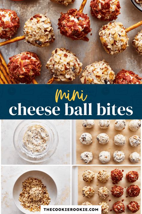 Mini Cheese Ball Bites are the perfect easy appetizer to serve at holiday parties. These tasty little cheese balls are made with dried fruit and cream cheese, rolled in bacon or nuts, and finished off with a pretzel stick. Make these Mini Cheese Ball Bites for a New Year's Eve appetizer or any simple gathering! Atomic Cheese Balls, Cherry Appetizers, Mini Cheese Ball Bites, Charcuterie Cart, Mini Cheese Balls Recipe, Cream Cheese Balls Recipe, Wine Tasting Food, Mini Cheese Balls, Fruit And Cream