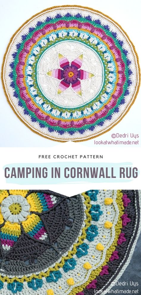 Camping in Cornwall Rug Free Crochet Pattern  A lovely new rug, anyone? We would all certainly want one on our floors this season! The mandala-based design is so decorative and simply vibrating with spring charm.   #crochetmandala #crochetrug #freecrochetpattern Boho Crochet Rug Patterns Free, Mandala Rug Crochet Free Pattern, Mandala Crochet Rugs, Circular Rug Crochet Pattern, Crochet Rug Patterns Free, Crochet Floor Rug Round, Diy Knit Blanket, Mandala Rug, Knitted Mittens Pattern