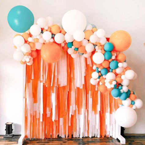 Venue Layout, Wrinkled Paper, Crepe Paper Streamers, Orange Balloons, Paper Streamers, Large Balloons, Balloon Pump, Wedding Party Supplies, Balloon Backdrop