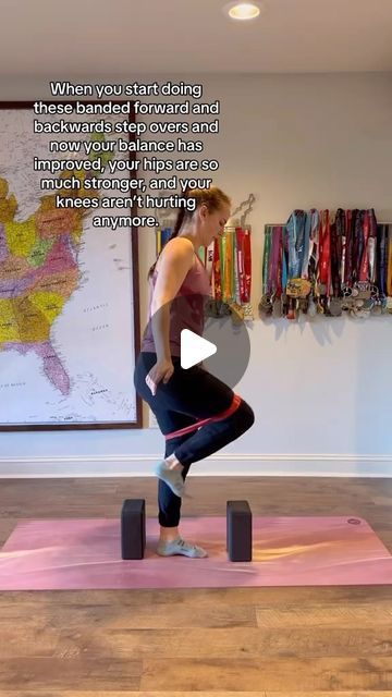 Stephanie Ridgway on Instagram: "If you need to work on balance and hip strength, try this exercise!

Balance is something that I think most people stop working on as they get older. Balance is probably one of the most important things to work on! The better your balance, the stronger you are, and the less likely you are to fall.

This exercise is great because it works on balance on the stance leg and hip strength on the moving leg.

If you are a beginner, start without a band and without the blocks. The. You can add them in as you get stronger and your balance gets better.

Try it and let me know what you think!

#balanceexercises #hipstrength #kneepain #kneepainrelief #hippainrelief" Yoga Blocks Exercises, Hip Strength, How To Strengthen Knees, How To Help Nausea, Hip Pain Relief, 50k Views, Knee Pain Relief, Get Stronger, Balance Exercises