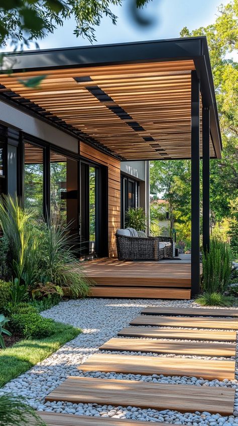 Stylish Modern Front Porch Ideas for a Welcoming Home - Remodr Wood Deck Front Porch, Pergola Front Porch Ranch, Front Yard Deck Ideas, Front Porch Pergola Entrance, Front Yard Deck Ideas Entrance, Front Yard Deck, Pergola Front Porch, Front Porch Pergola, Modern Front Porch Ideas