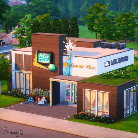 Sims 3 Bowling Alley, Bowling Alley Floor Plan, Sims Bowling Alley, Recreation Center Sims 4, Community Lot Sims 4, Sims 4 Bowling Alley Cc, Sims 4 Bowling Alley Build, Sims 4 Boutique Build, Sims 4 Newcrest Community Lots