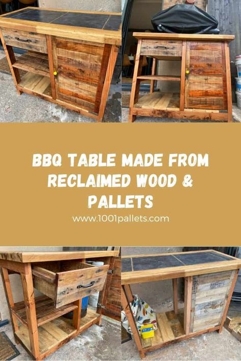 For this project, my aim was to use things I had to build it. At the beginning of Lockdown (May 2020), we bought a gas Weber BBQ. It didn’t come with a stand so I decided to build my own. The frame was reclaimed timber from a stable that I had helped pull down and … Read More » #Bbq, #PalletTable, #RecyclingWoodPallets #PalletDesksPalletTables Pallet Grill Station Diy Projects, Outdoor Bbq Prep Table Diy, Pallet Wood Grill Station, Weber Q Grill Stand Diy, Diy Weber Grill Cart Bbq Station, Pallet Buster, Bbq Stand, Leftover Tile, Pallet Desk