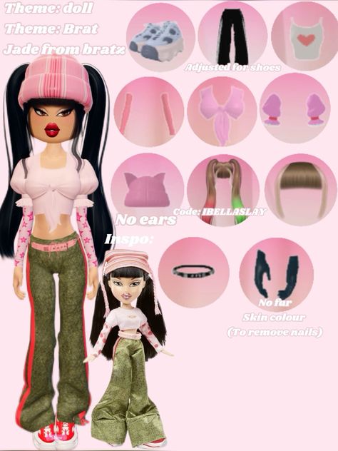 Dress to impress no gamepass doll/brat outfit - jade from bratz Bratz Hair Tutorial, Bratz Dti Outfit, Brats Dress To Impress, Bratz Doll Dress To Impress, Bratz Dress To Impress, Brat Dress To Impress, Jade Bratz, Bratz Outfits, Duo Dress