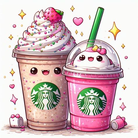 Cute Coffee Doodles, Starbucks Drink Drawing, Cute Drink Drawings, Kawaii Starbucks, Starbucks Cup Drawing, Starbucks Drawing, Popcorn Stickers, Starbucks Art, Café Starbucks