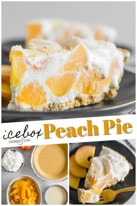 This No Bake Icebox Peach Pie Recipe only has 4 Ingredients, and is a summer favorite! Creamy and loaded with peaches, this easy pie recipe is a great make ahead dessert! #cookiesandcups #peachpie #pierecipe #nobakepie #nobake #peachrecipe No Bake Peach Dessert, No Bake Peach Pie, Easy Pie Recipe, Peaches Recipes, Peach Pie Recipe, Icebox Cakes, Blueberry Cobbler Recipes, Cobbler Recipes Easy, Baking Recipes Pie