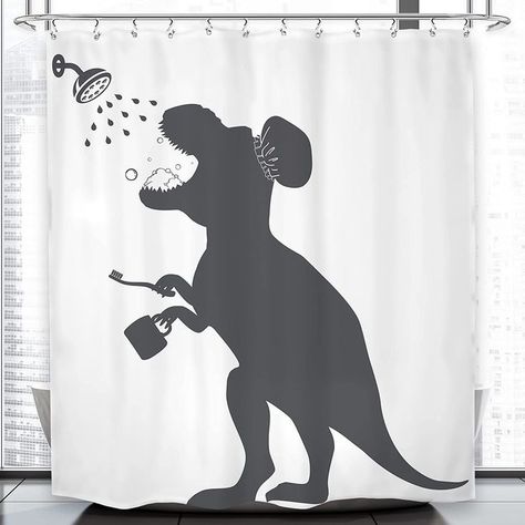 Dino Shower Curtain, Fun Bathroom Theme Ideas, Cool Bathroom Themes, Dino Bathroom Ideas, Dinosaur Themed Bathroom, Dinosaur Bathroom Decor, Dinosaur Bathroom Ideas, Raptor Silhouette, Unisex Kids Bathroom Ideas