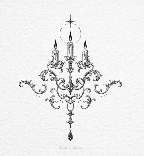 Simple Goth Tattoos, Tattoo Filigree, Tattoo Candle, Candle Tattoo Design, Baroque Tattoo, Chandelier Tattoo, Goth Tattoos, Lantern Tattoo, Filigree Tattoo