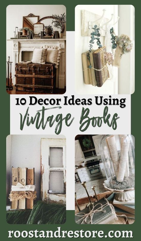 Decorate With Vintage Books, Decorate With Old Books, Vintage Book Display Ideas, Decorating With Old Books, Old Books Decor, Decorating With Vintage Items, Easy Decor Ideas, Thrift Decor, Old Encyclopedias