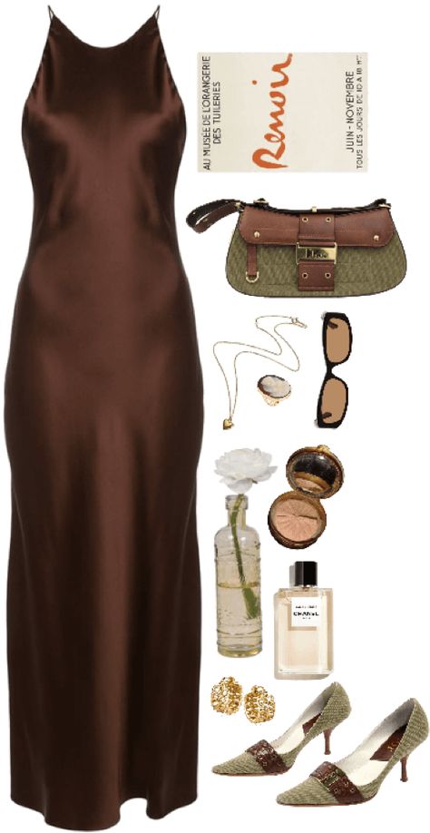 Bronze Outfit Ideas, Brown Wedding Outfit, Long Brown Dress Outfit, Brown Silk Dress Outfit, Brown Dress Aesthetic, Chicago Fits, Brown Dress Outfit, Gangster Paradise, Boat Vibes